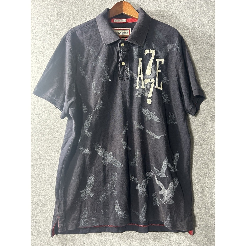 American Eagle Vintage Fit Eagle Polo Shirt XXL Black Distressed Graphic Y2K AEO